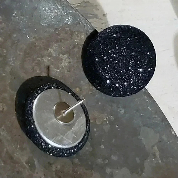 Retro 80s Club Glam Disco Sparkly Jet Black Fabric Button Earrings - Picture 7 of 8